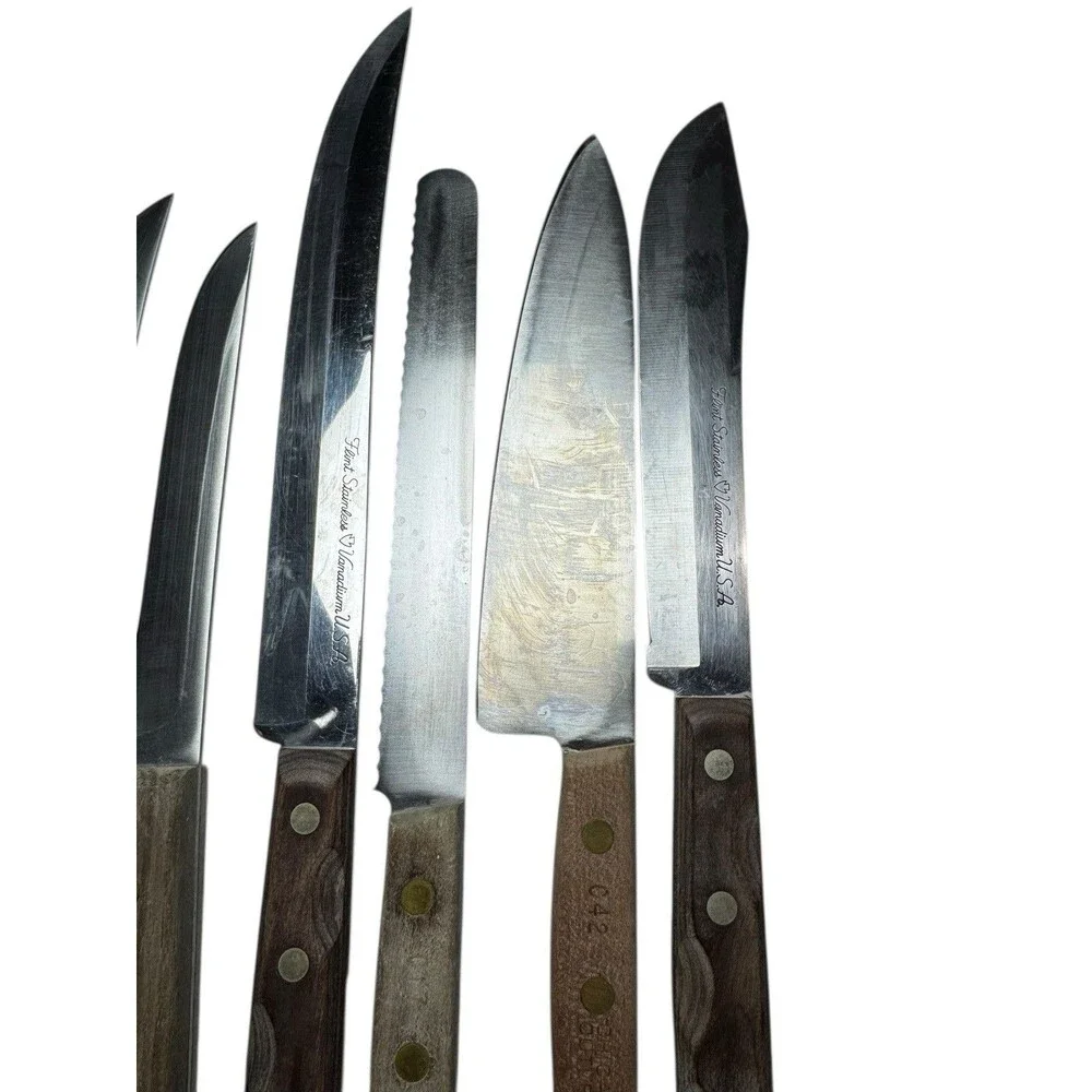 Mixed Lot 7 Vintage Vanadium Chicago Knives Wood Handle MCM Chef Bread